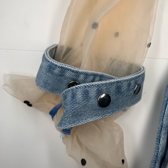 Denim Dress with Mesh See through Sleeves V neck Denim Dress - Picture 5 of 14